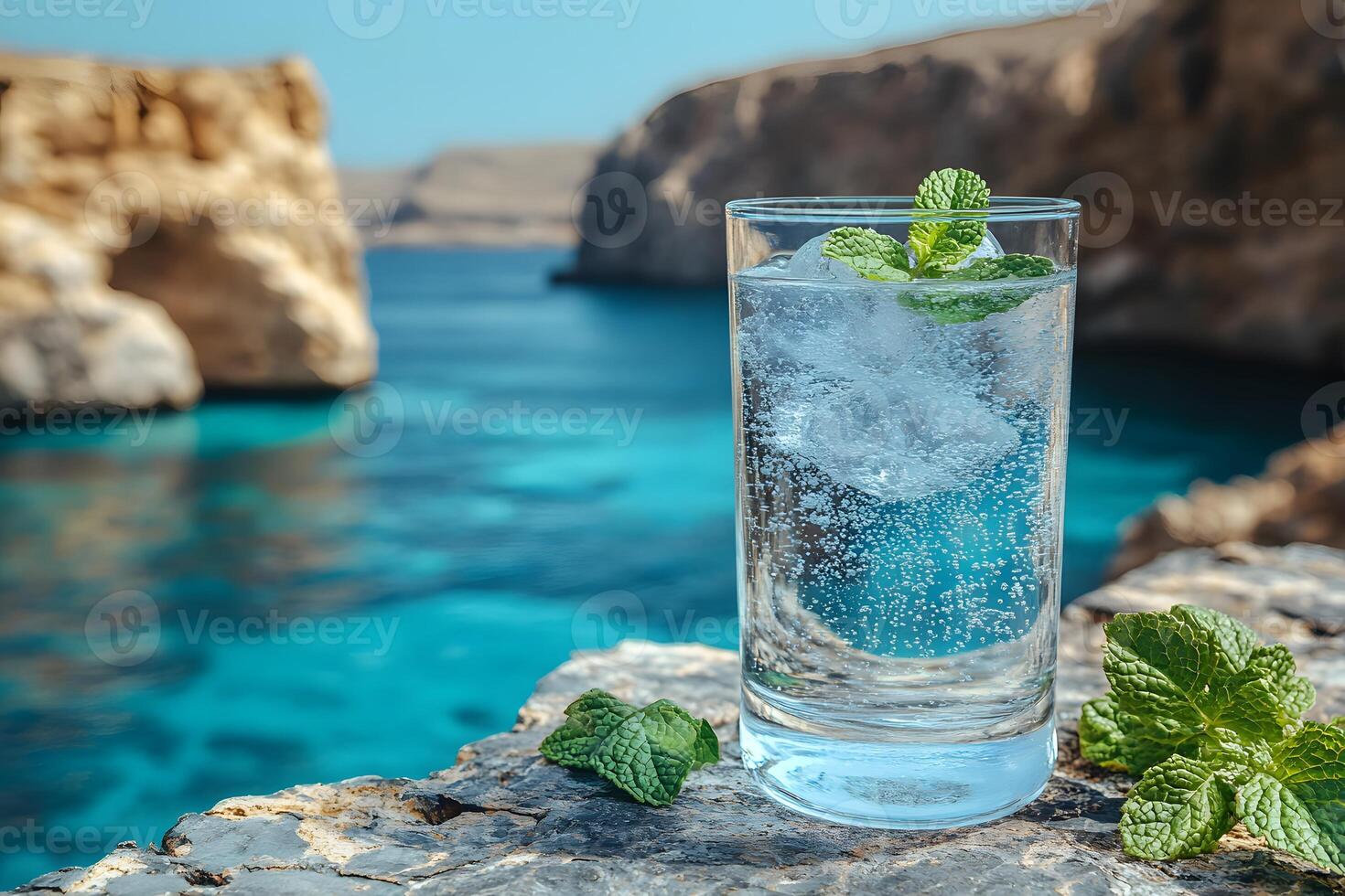 Refreshing Summer Drink with Ice and Mint by the Sea for Beverage Design photo