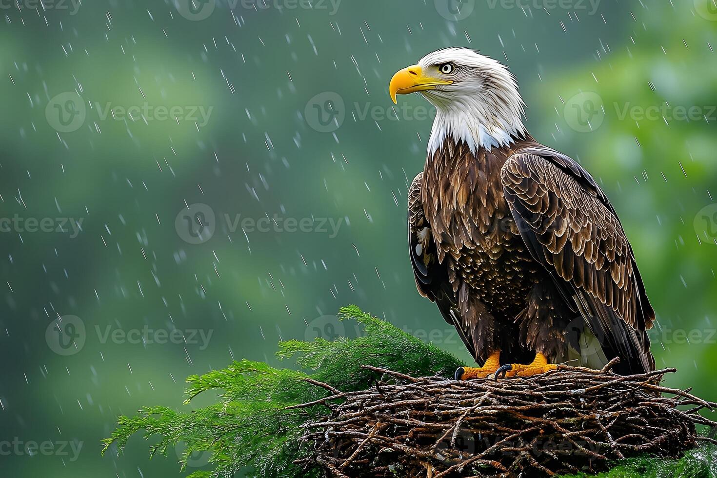Majestic Bald Eagle Resting on Nest During Rainfall in Serene Forest Setting photo