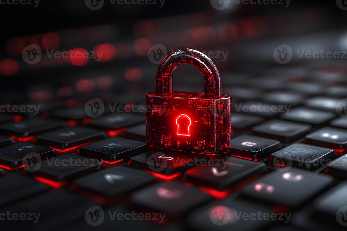 Cybersecurity Concept with Glowing Red Padlock on Keyboard for Digital Protection Design photo