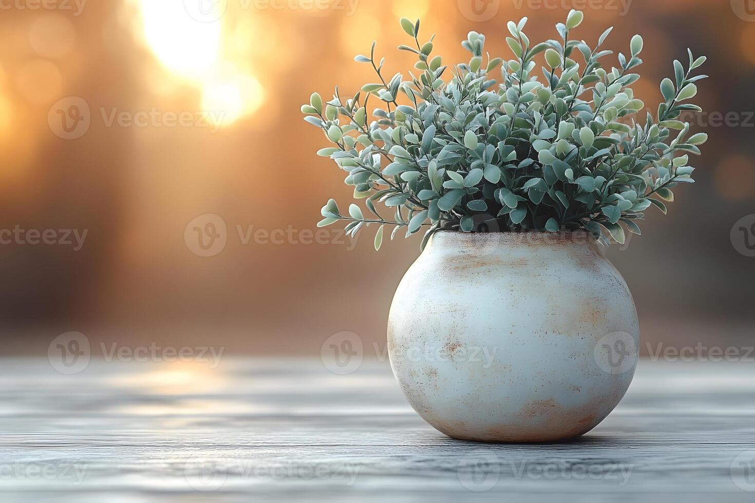Rustic Potted Plant on Wooden Table with Soft Background for Interior Decor Design photo