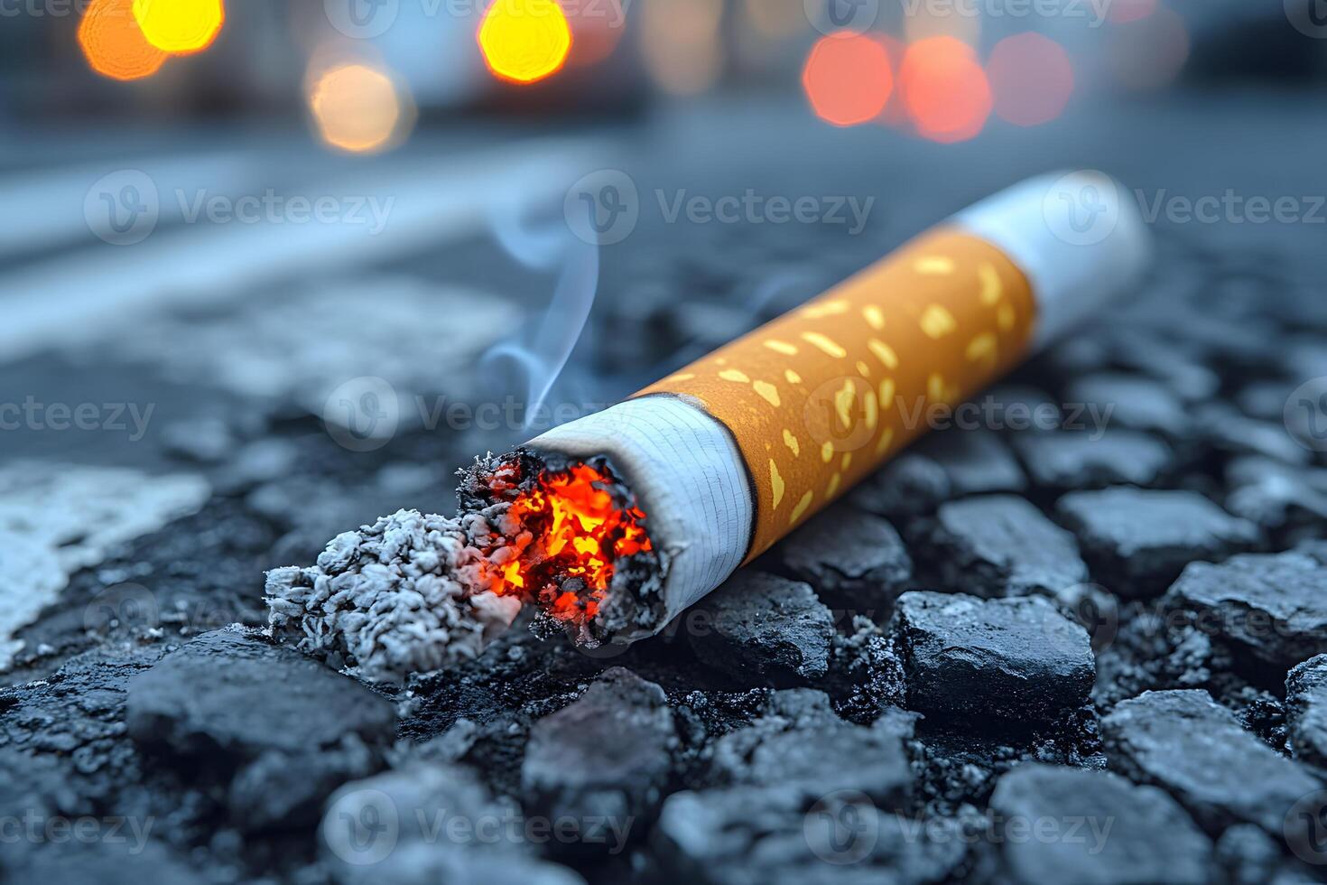 Burning Cigarette on Cobblestone Street Urban Health and Pollution Concept photo