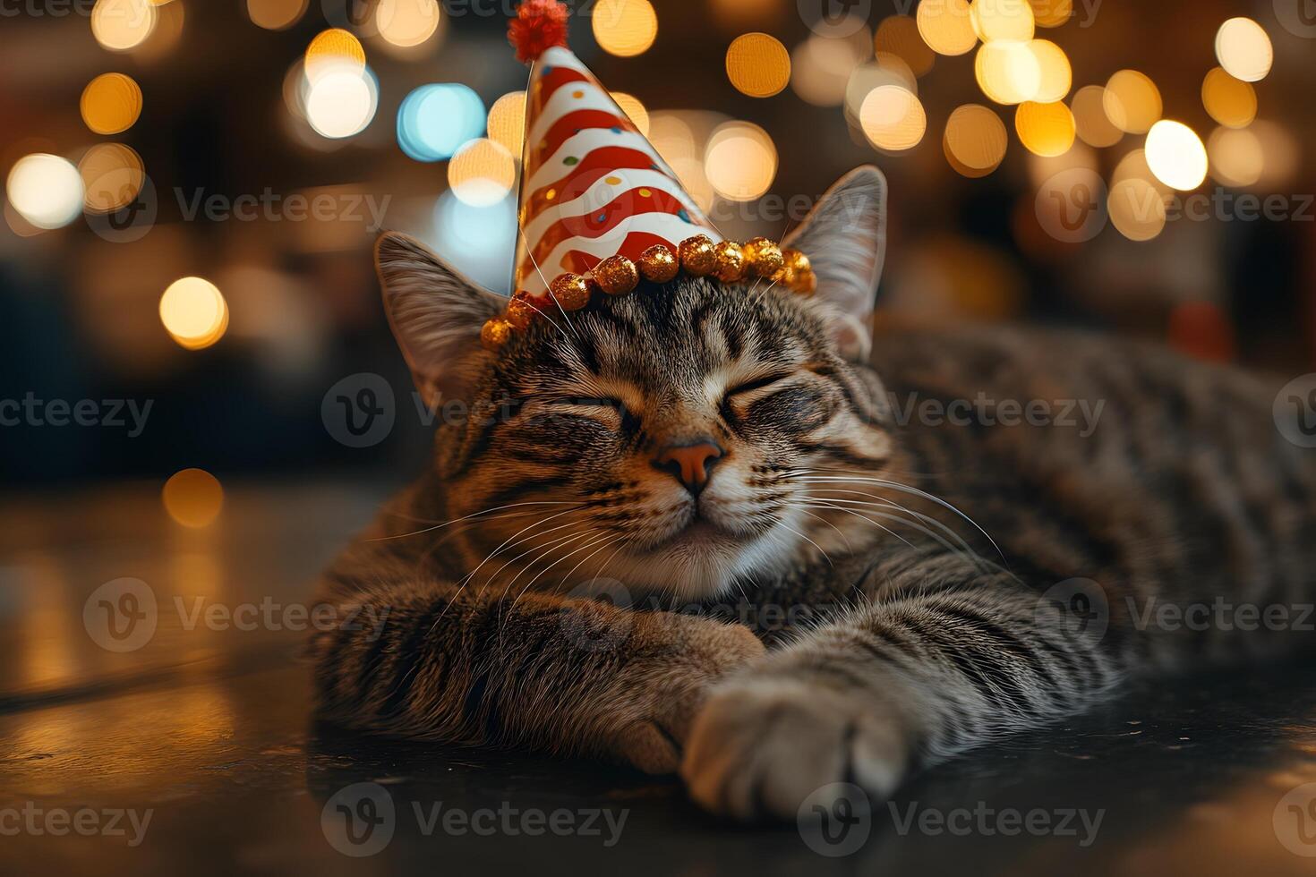 Festive Cat Relaxation in Party Hat with Bokeh Lights for Celebration Imagery photo