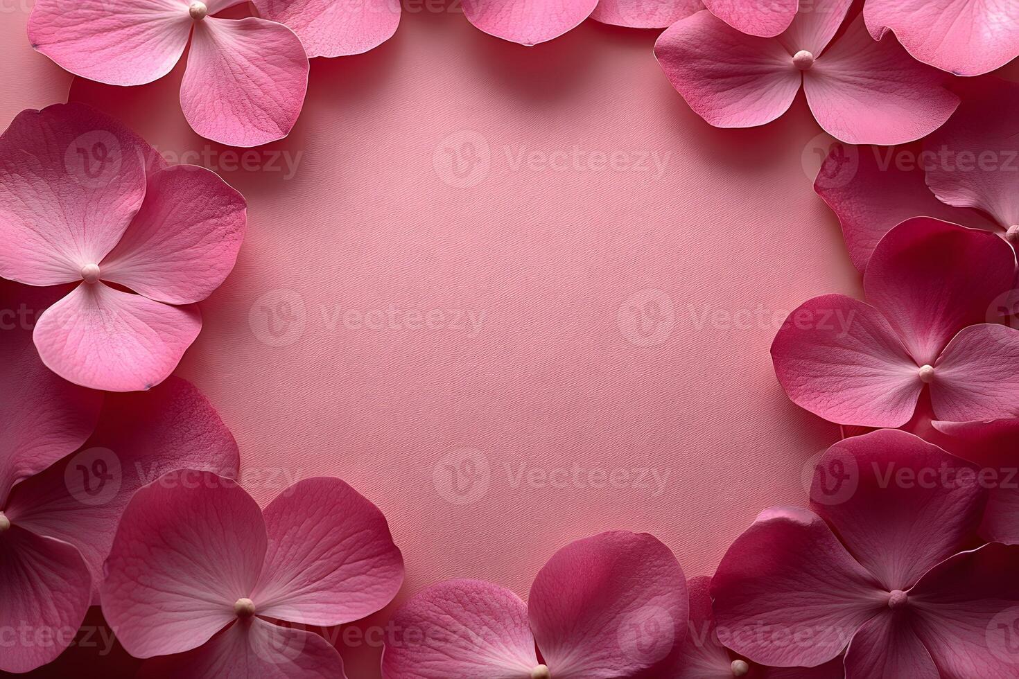 Pink Hydrangea Petals Frame on Pastel Background for Floral Design and Greeting Cards photo