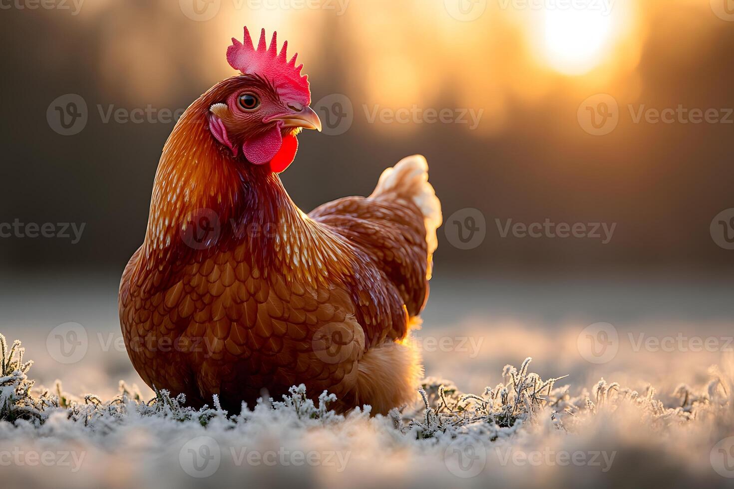 Hen in Frosty Morning Sunrise - Rustic Farm Scene for Agricultural Design photo