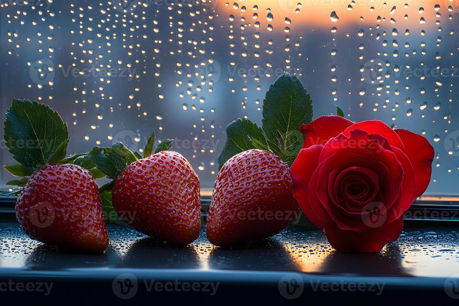 Romantic Still Life with Strawberries and Rose on Rainy Window for Nature and Love-Themed Prints photo