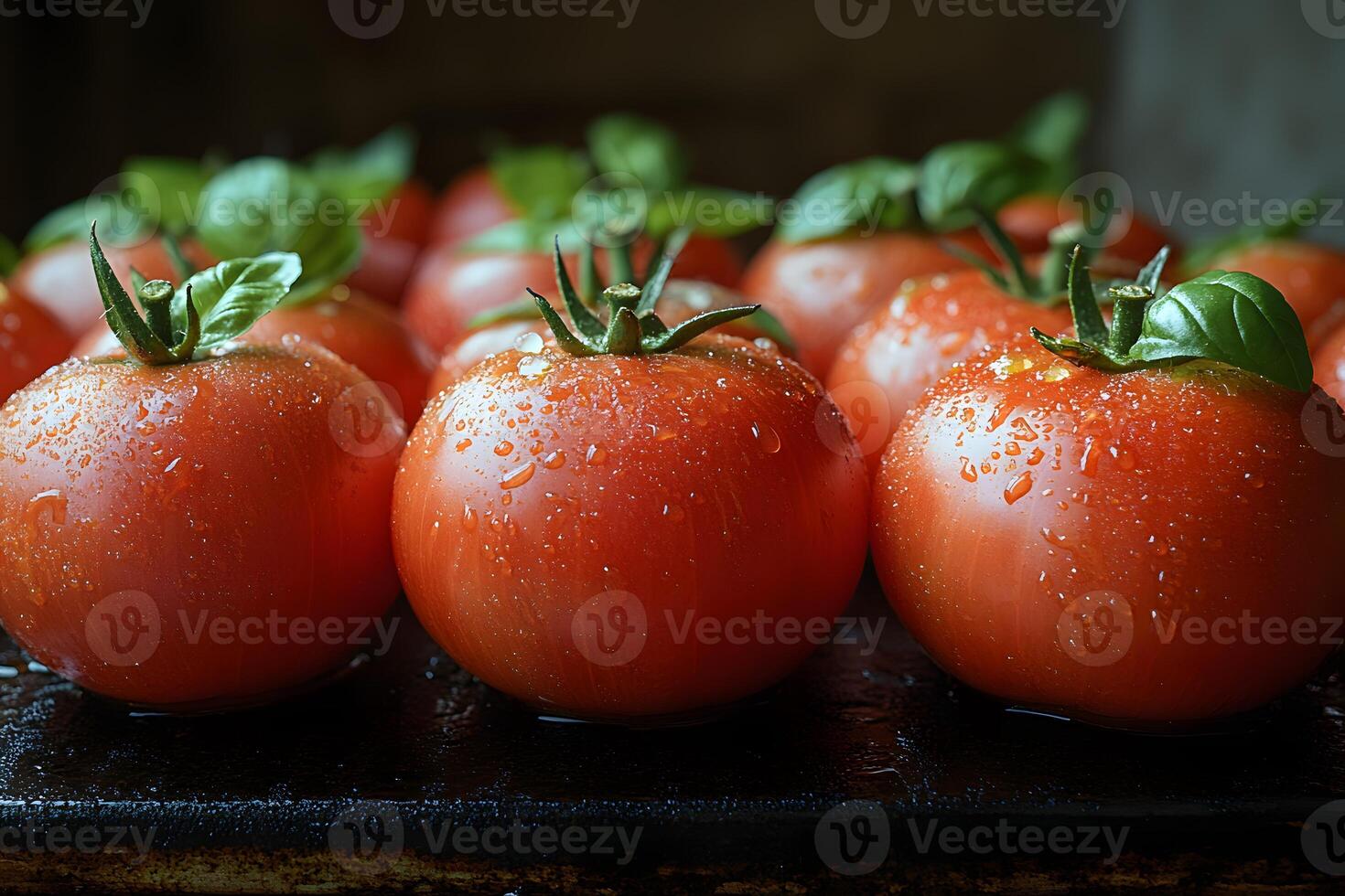 Fresh Dew-Kissed Tomatoes with Basil Leaves in Natural Light for Culinary Projects photo