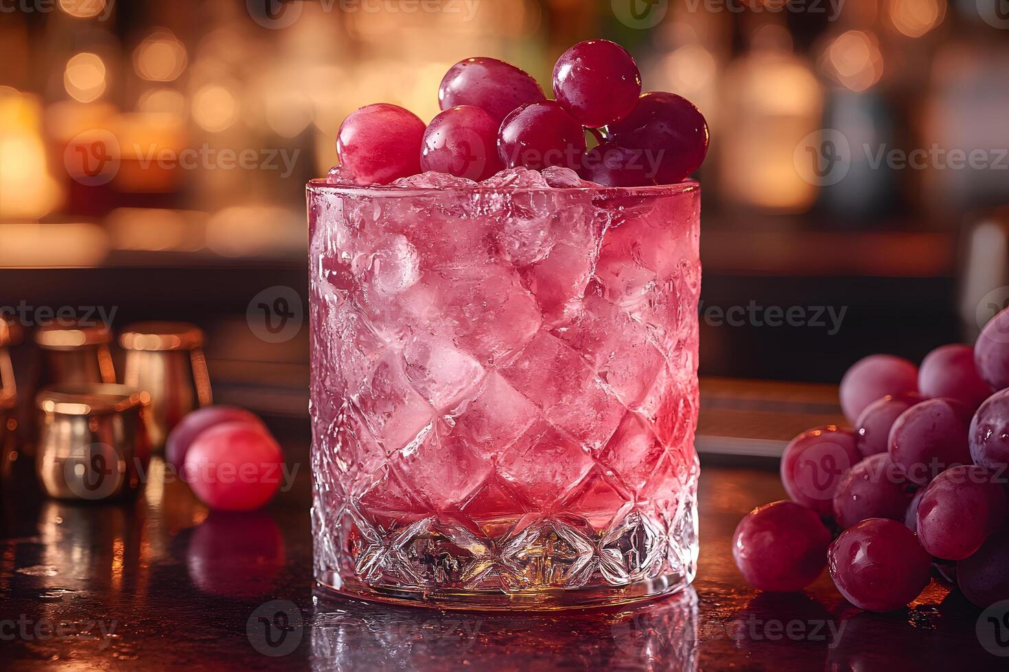 Refreshing Grape Cocktail on Bar Counter with Ice and Garnish photo