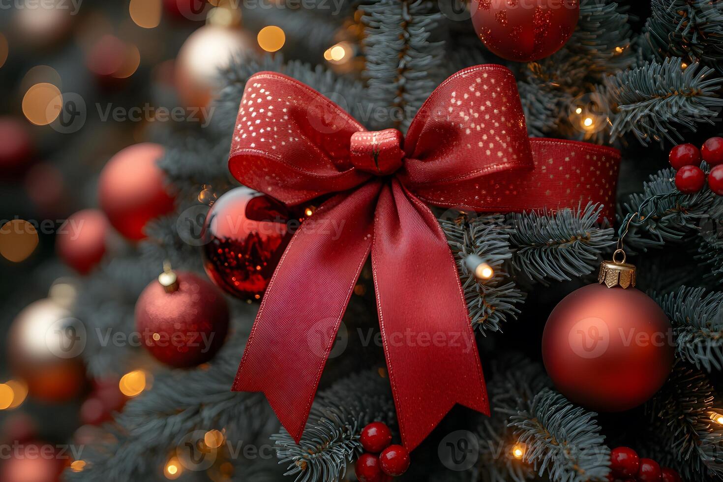 Festive Christmas Tree with Red Ornaments and Elegant Ribbon for Holiday Decor photo