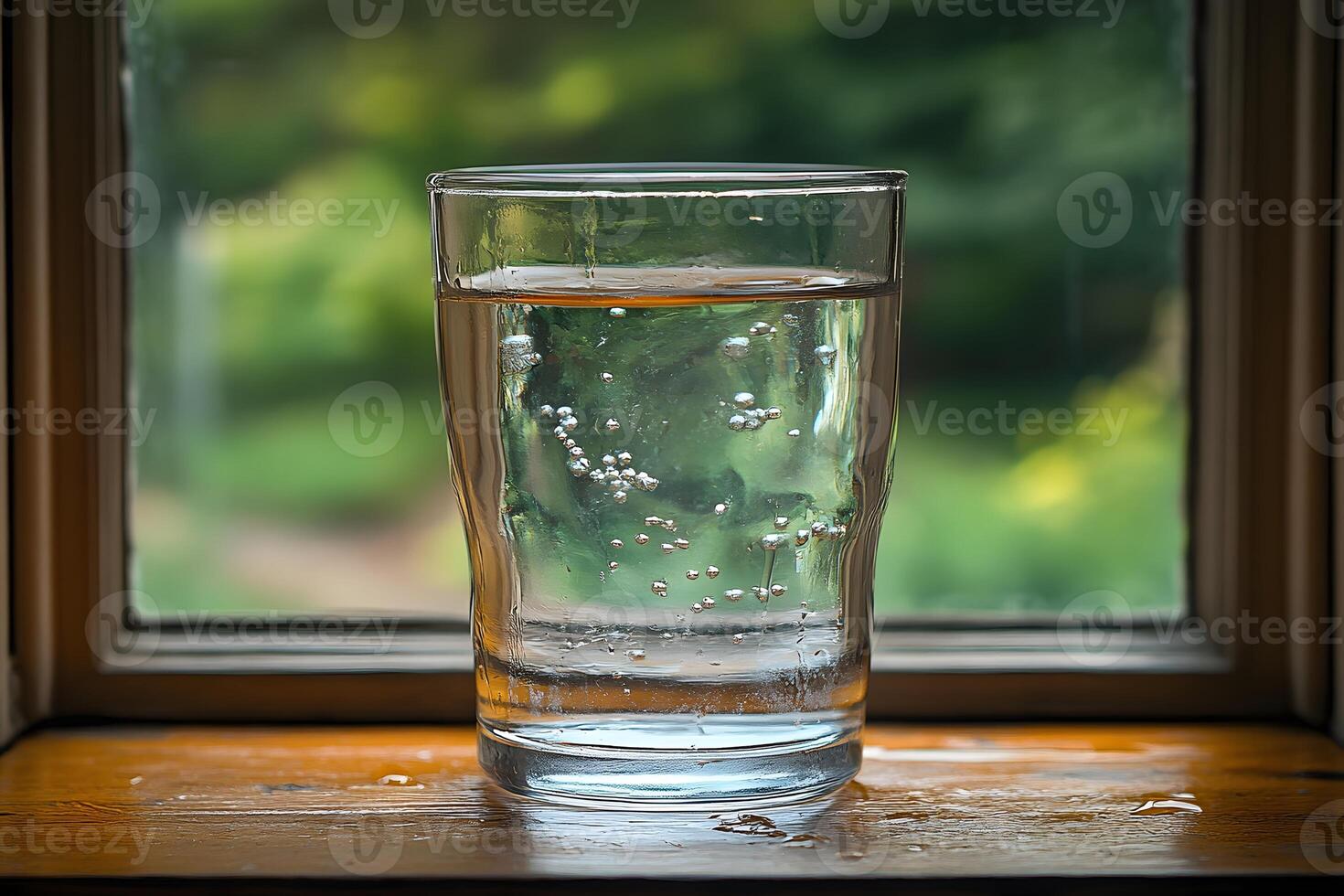 Refreshing Glass of Sparkling Water by a Sunlit Window photo