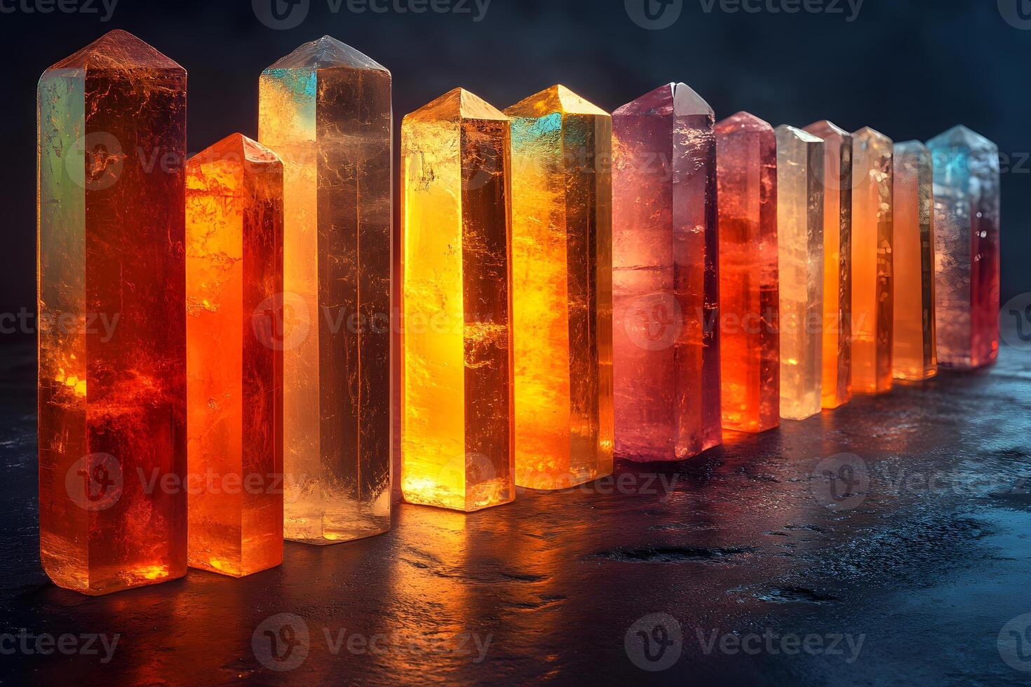 Colorful Crystal Healing Towers Illuminated Against Dark Background for Wellness Design photo