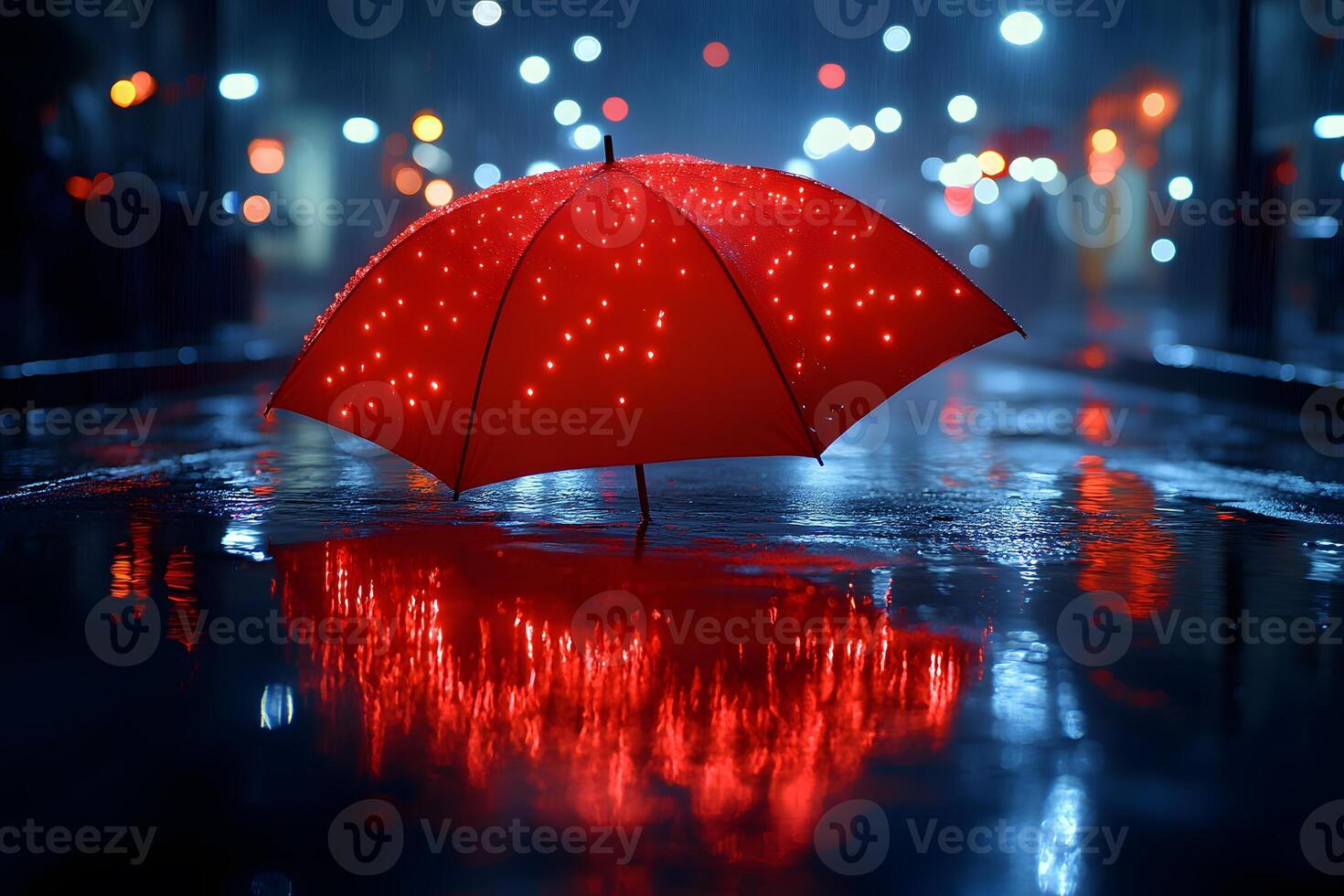 Vibrant Red Umbrella in Rainy Night Urban Scene with Reflections photo