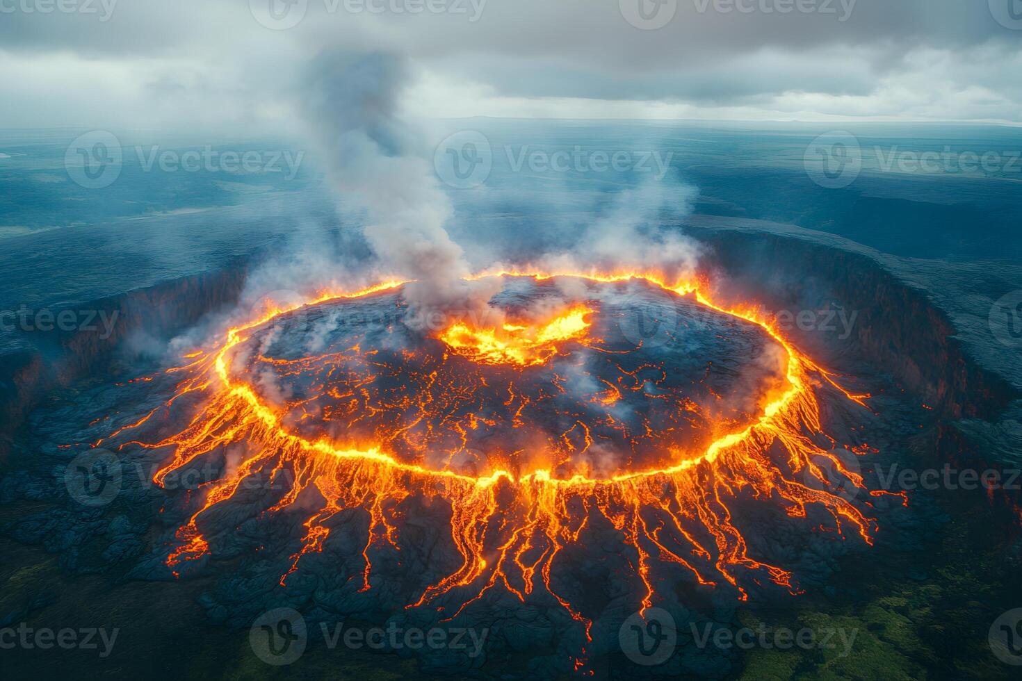 Dramatic Aerial View of Volcanic Crater Erupting with Molten Lava Flow photo