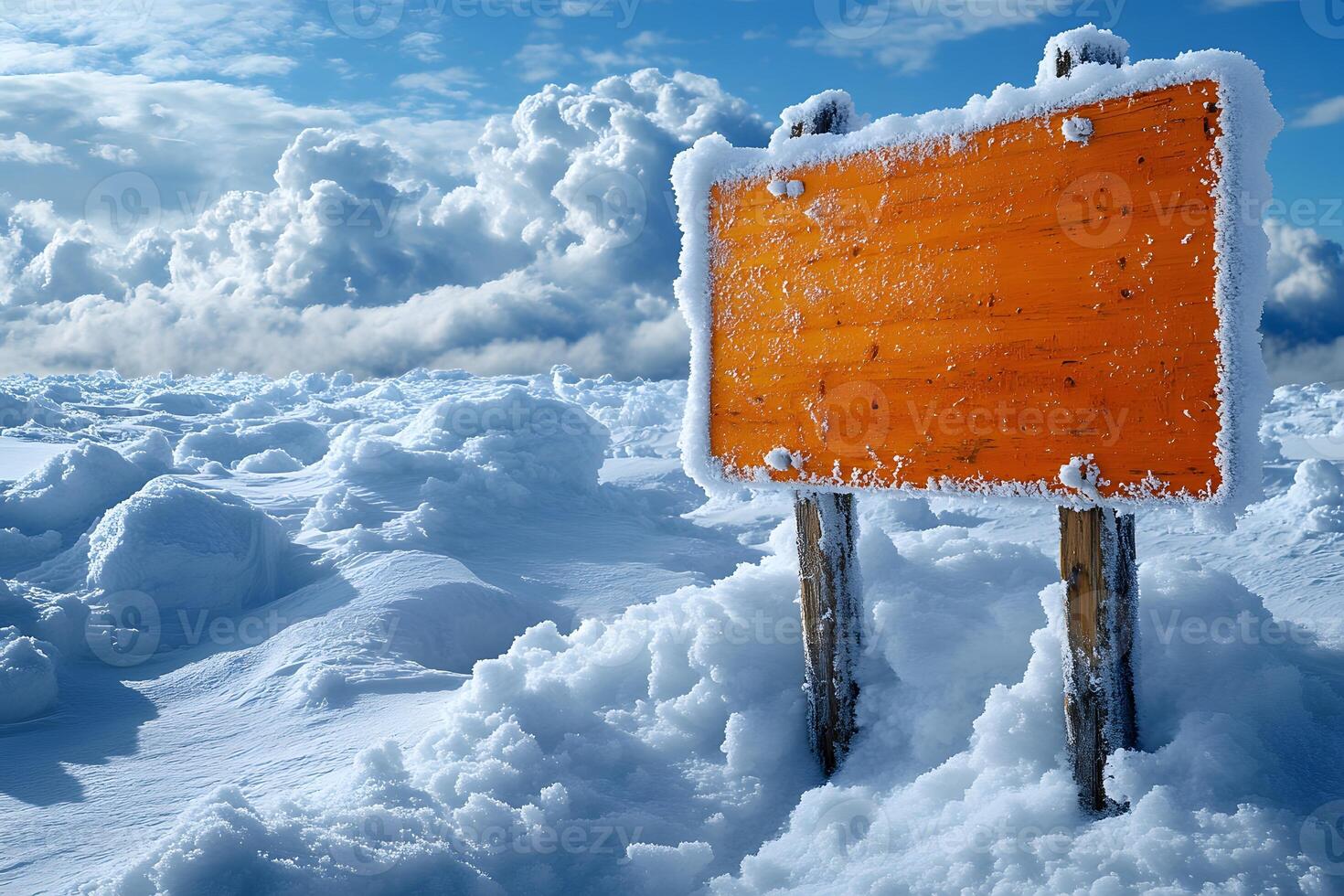Winter Landscape with Frost-Covered Sign Against Cloudy Sky for Seasonal Design photo