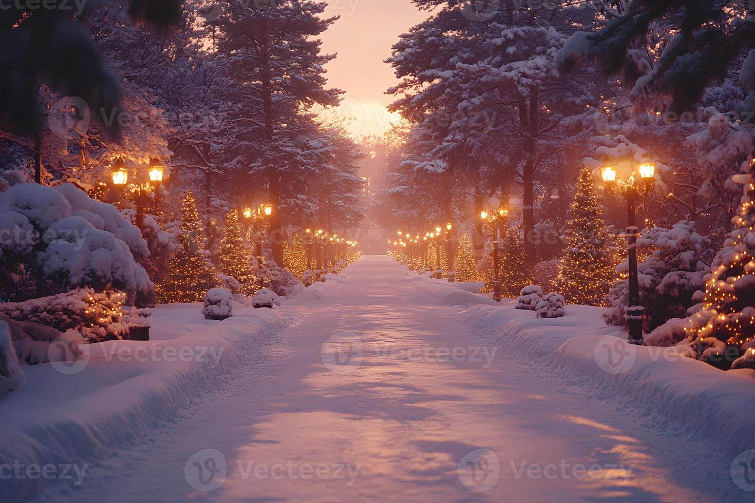 Enchanting Winter Wonderland with Snowy Trees and Festive Lights for Holiday Design photo