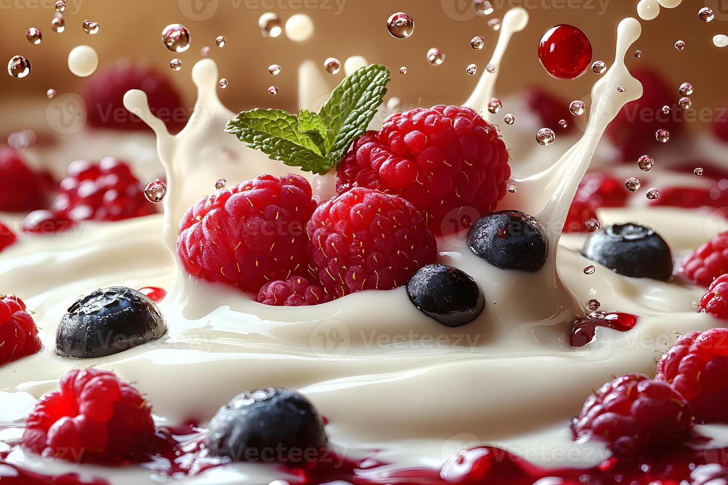 Fresh Berry Splash Explosion with Mint in Cream for Dessert and Culinary Design photo