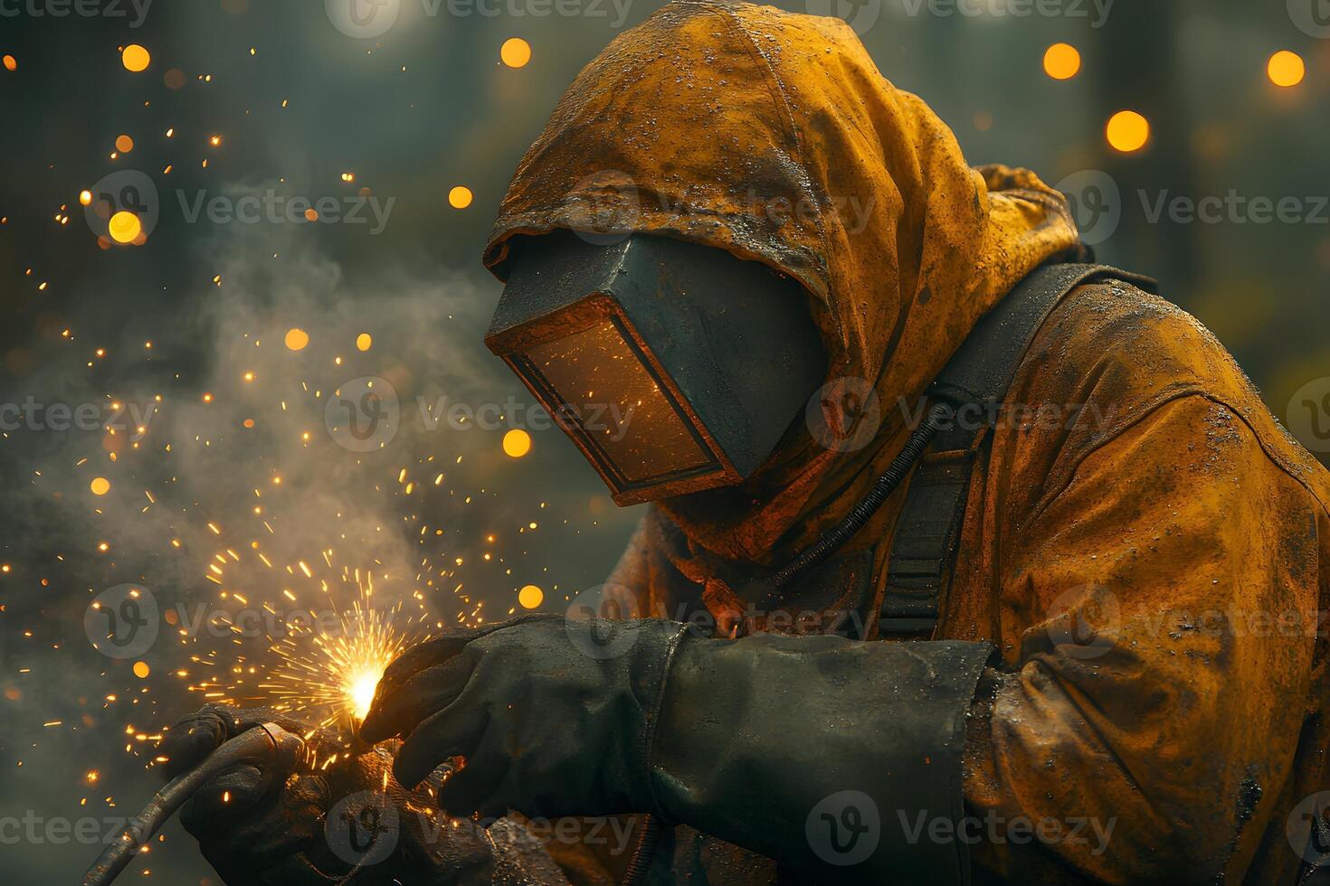Industrial Worker Welding with Protective Gear in Low Light Setting for Safety and Metal Fabrication photo