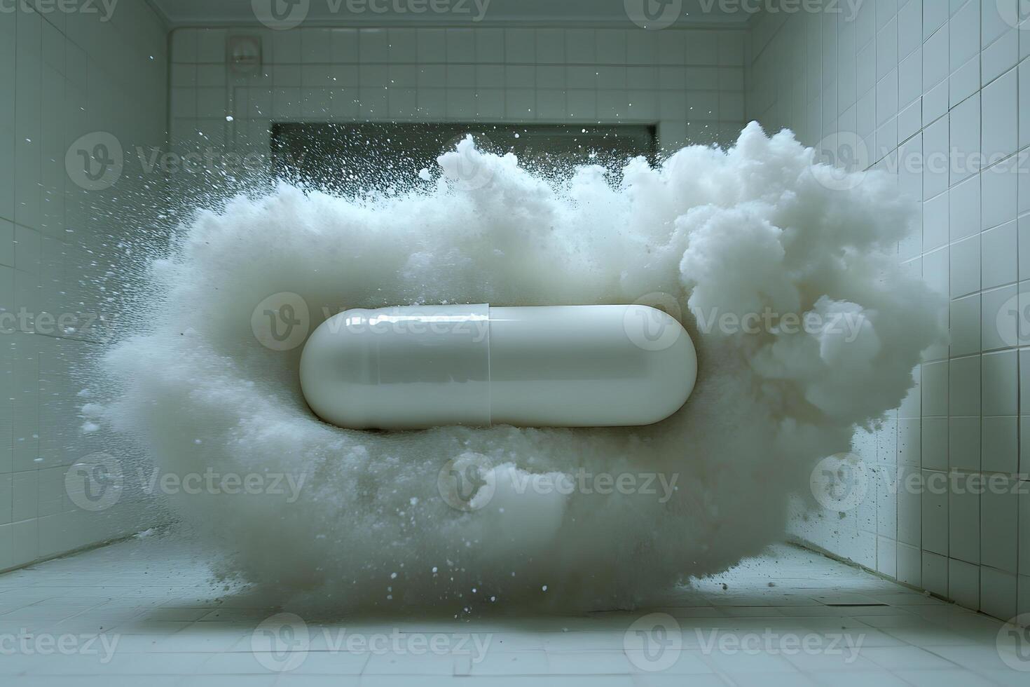 Surreal Explosion of a White Capsule in a Tiled Room - Conceptual Art photo