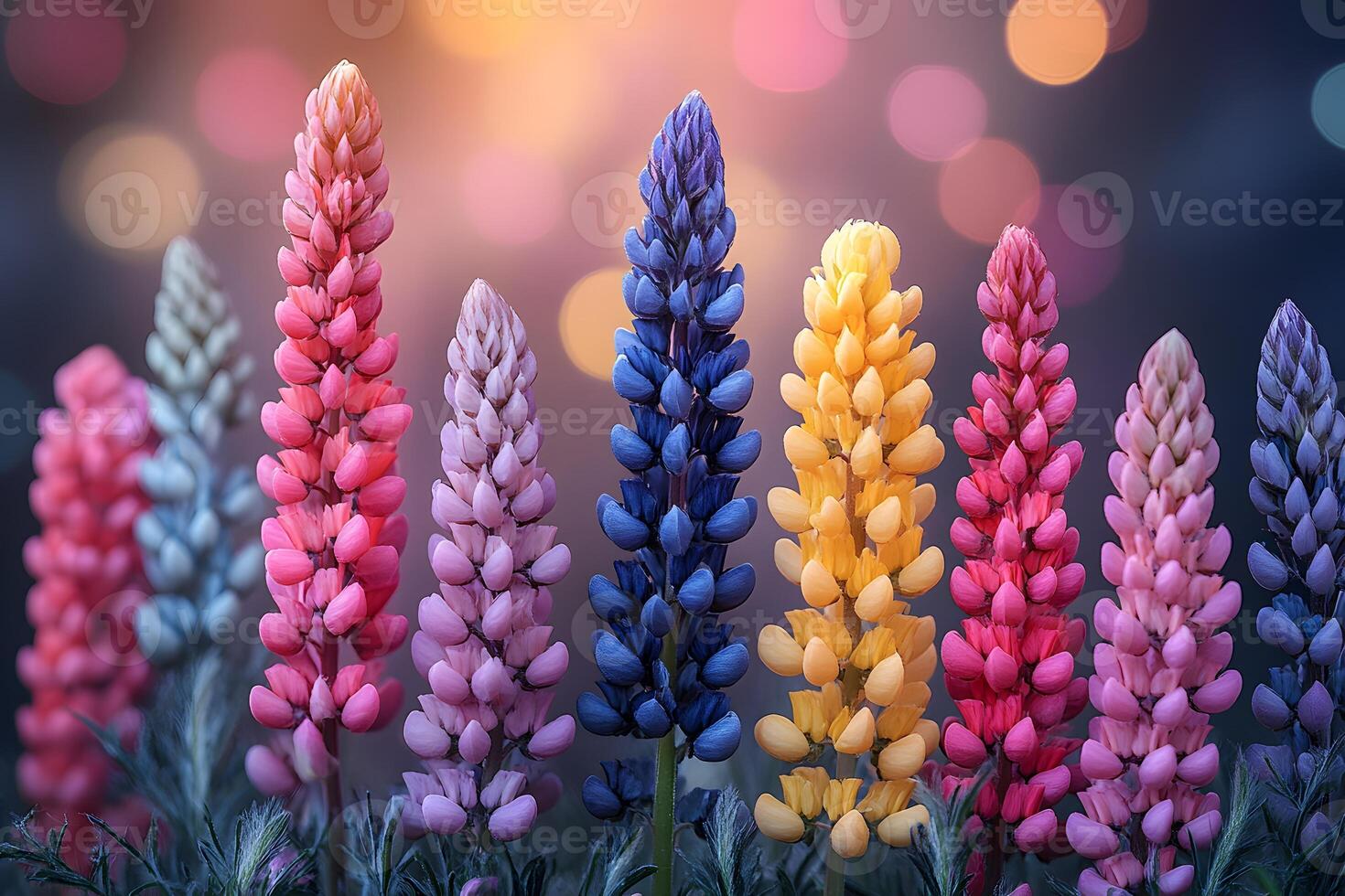 Colorful Lupine Flowers with Bokeh Lighting for Spring Decor and Design Projects photo
