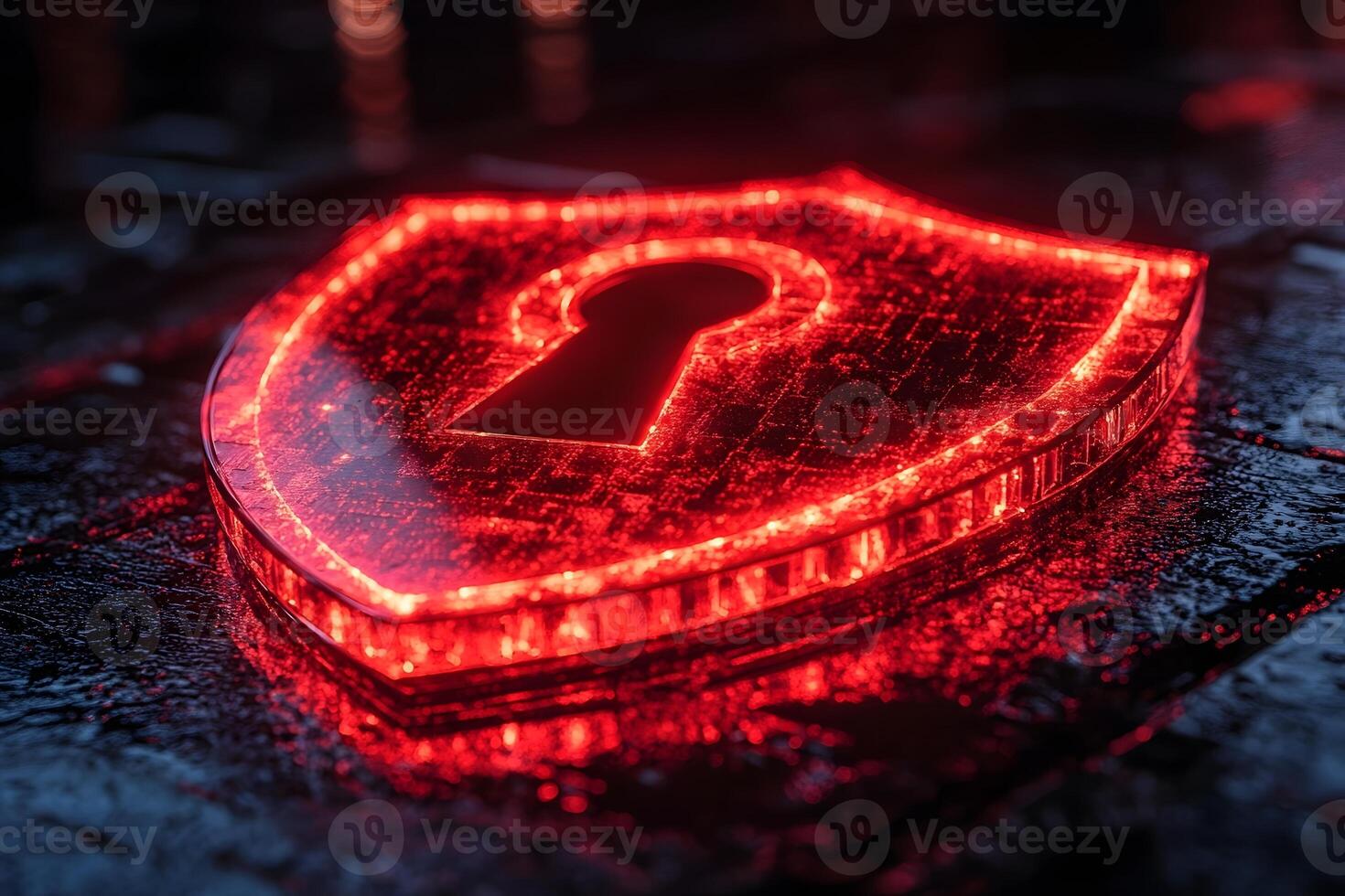 Futuristic Digital Security Concept with Glowing Red Shield photo