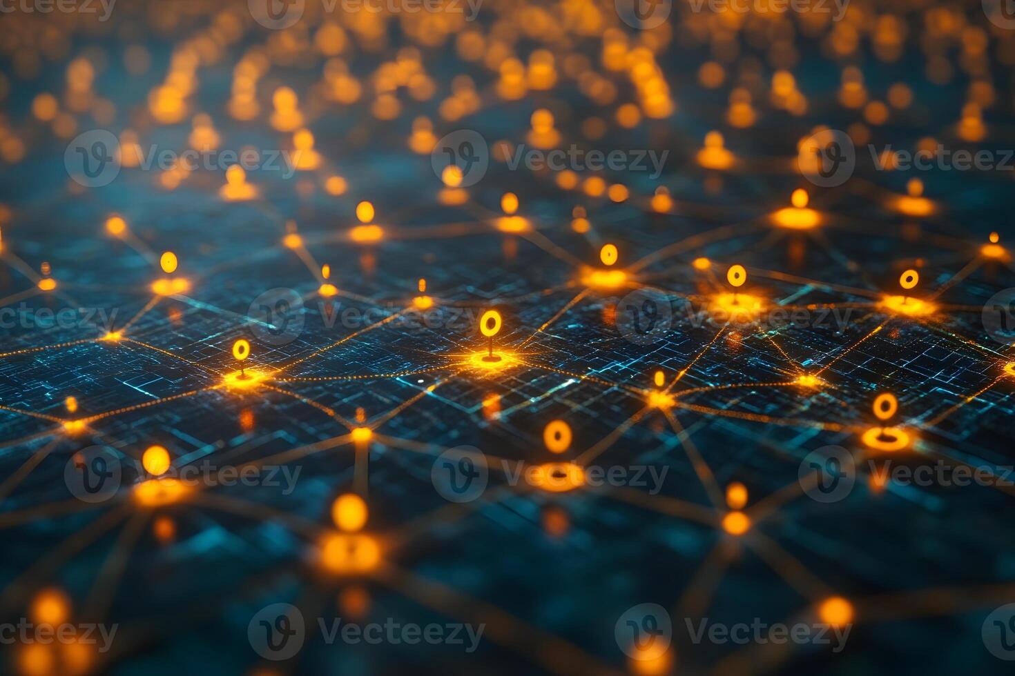 Digital Network Visualization with Glowing Data Nodes for Technological Concepts photo