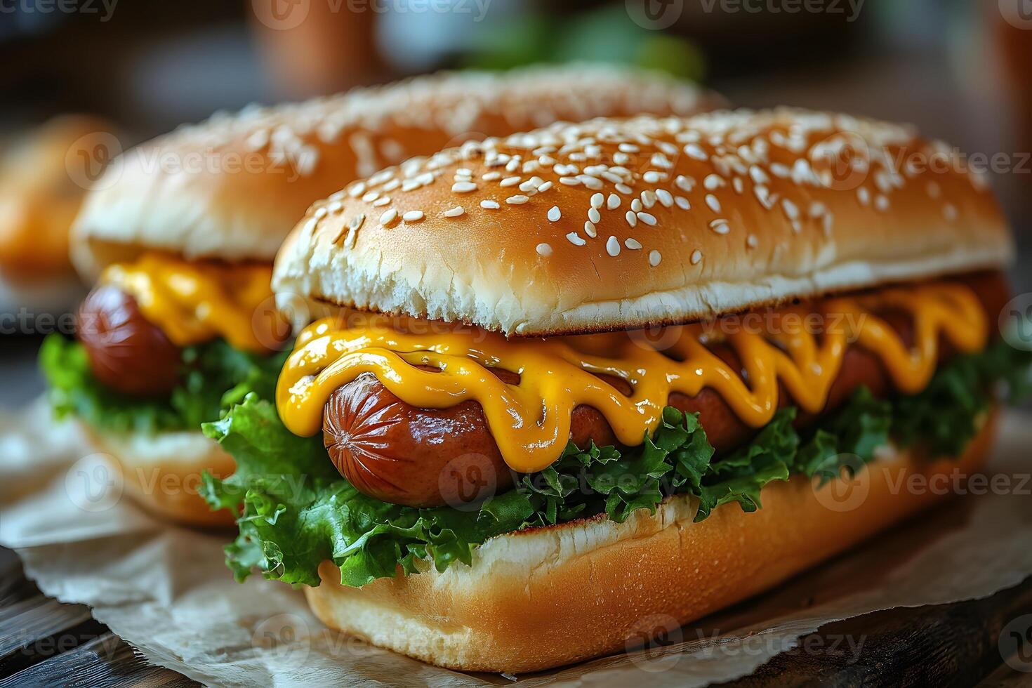 Delicious Summer Barbecue Hot Dogs with Cheese and Lettuce for Outdoor Gatherings photo