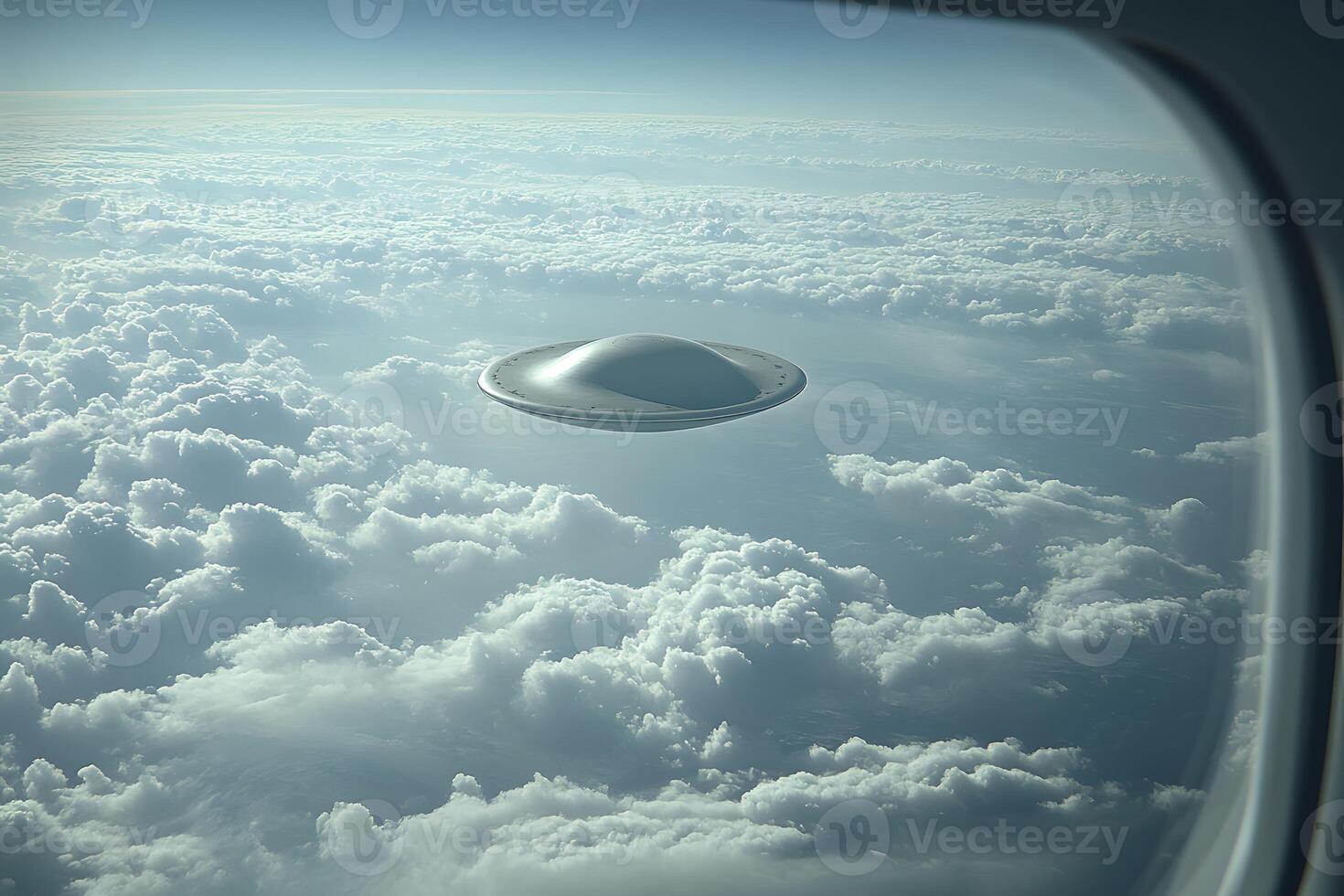 UFO Encounter Above Clouds from Airplane Window - Futuristic Sci-Fi Concept photo