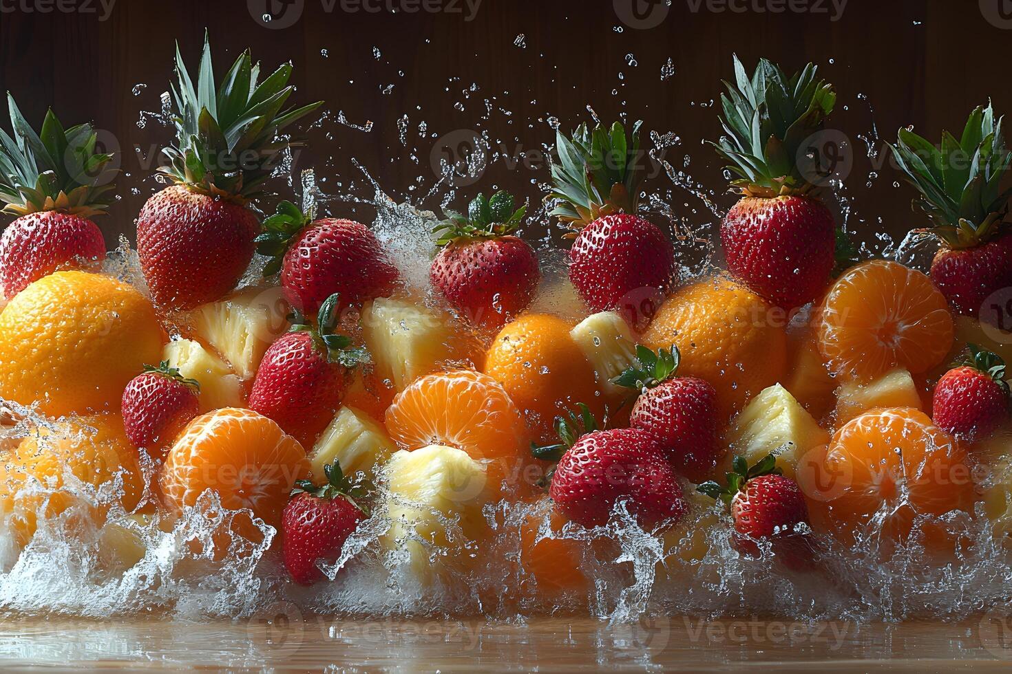 Vibrant Splash of Fresh Fruits Strawberries, Oranges, and Pineapples in Motion photo