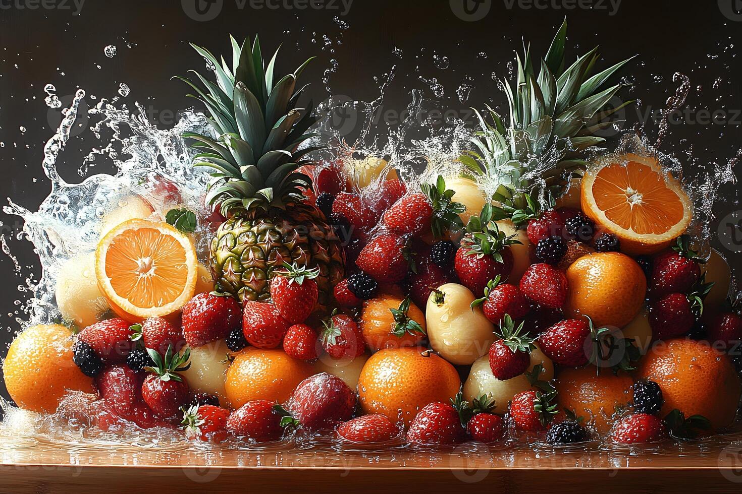 Fresh Fruit Splash Dynamic Arrangement of Vibrant Tropical and Citrus Fruits for Culinary Art and Design photo