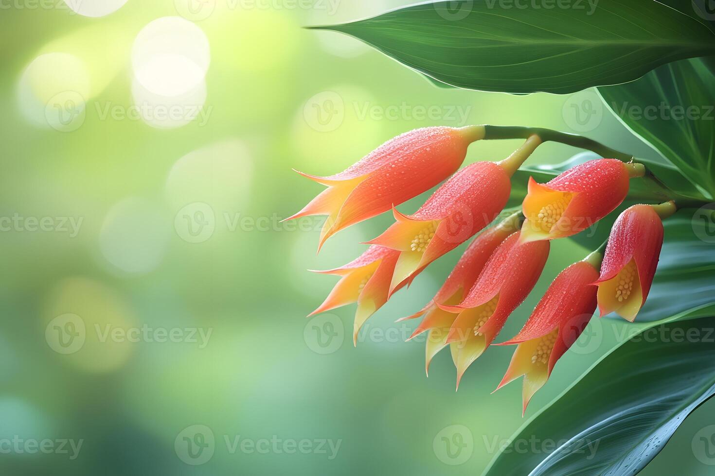 Vibrant Tropical Flowers with Dew in Sunlit Garden Setting photo