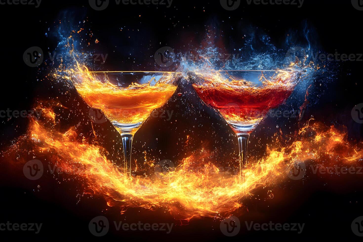 Fiery Cocktail Duo with Splashing Liquid Flames for Dynamic Beverage Design photo