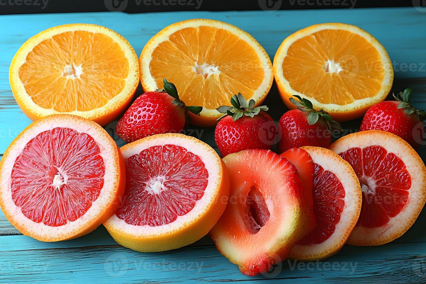 Fresh Citrus and Strawberries on Turquoise Wooden Background for Vibrant Summer Design photo