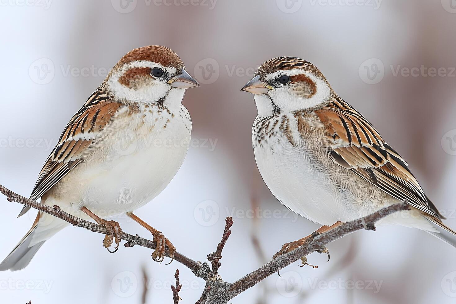 Two Eurasian Tree Sparrows Perched on Branch in Winter Habitat photo