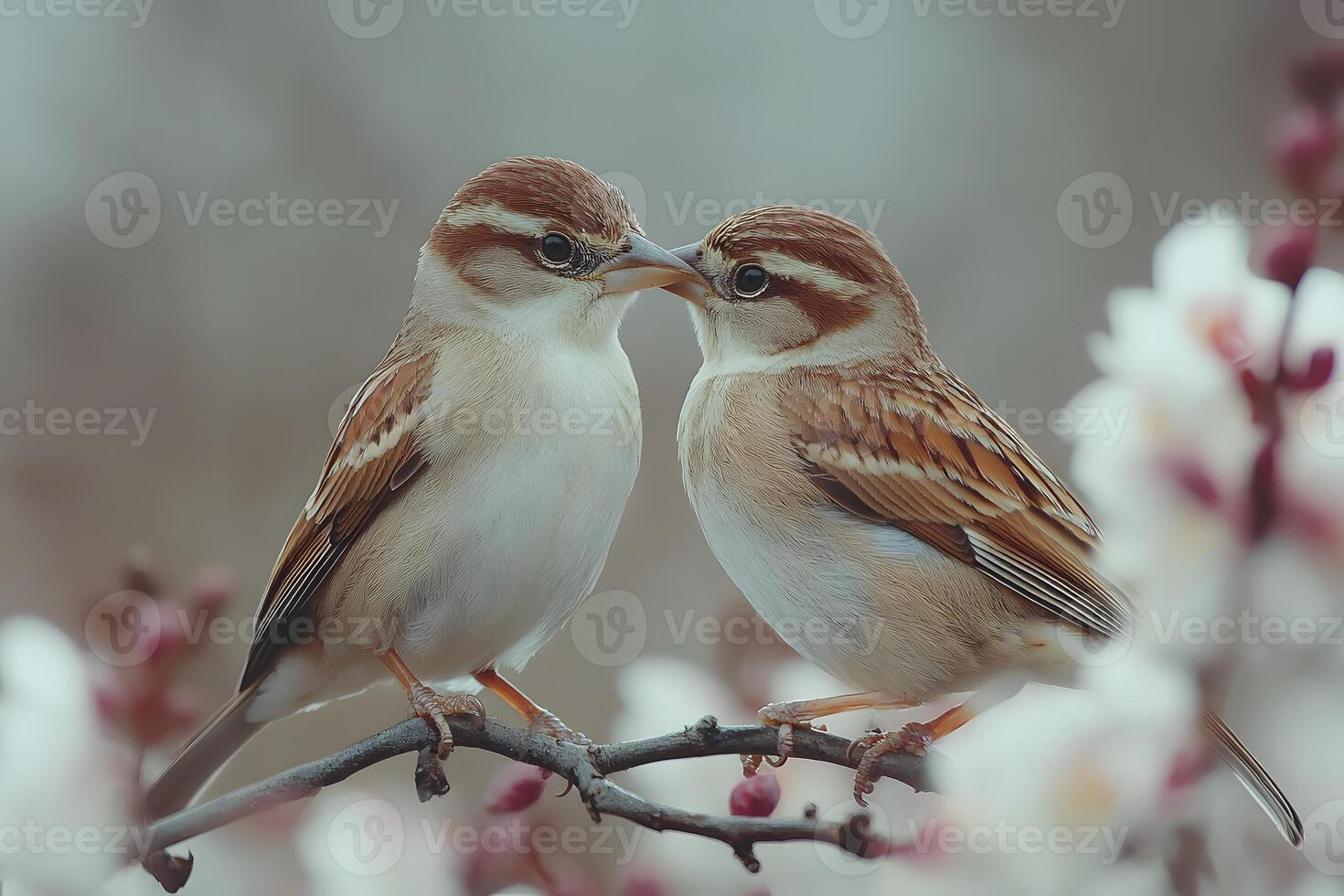 Tender Moment Between Two Birds Surrounded by Spring Blossoms photo