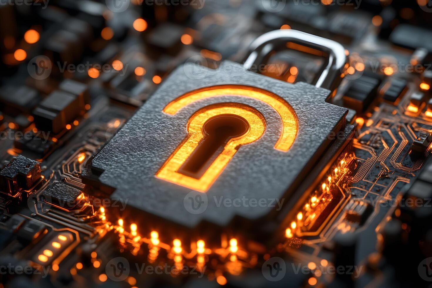 Cybersecurity Technology Concept with Glowing Lock Icon on Circuit Board photo