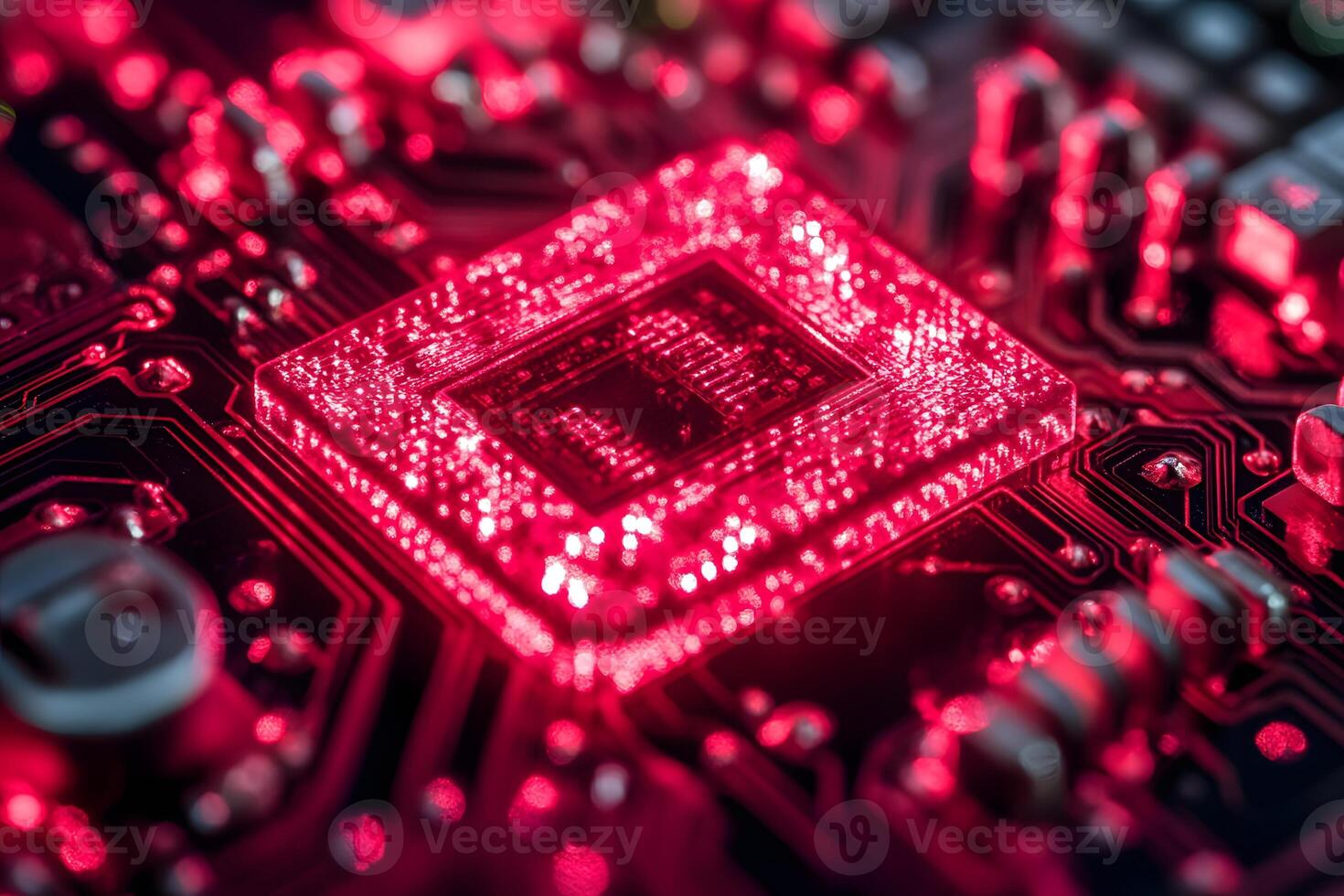 Futuristic Red Circuit Board Chip Technology Design for Digital Innovation photo