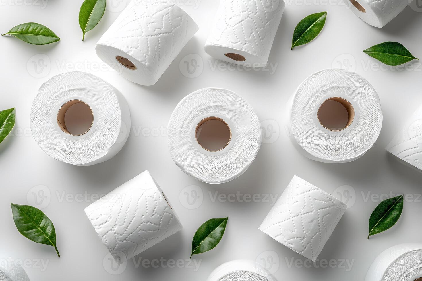 Eco-Friendly Toilet Paper Rolls with Green Leaves for Sustainable Living and Bathroom Design photo
