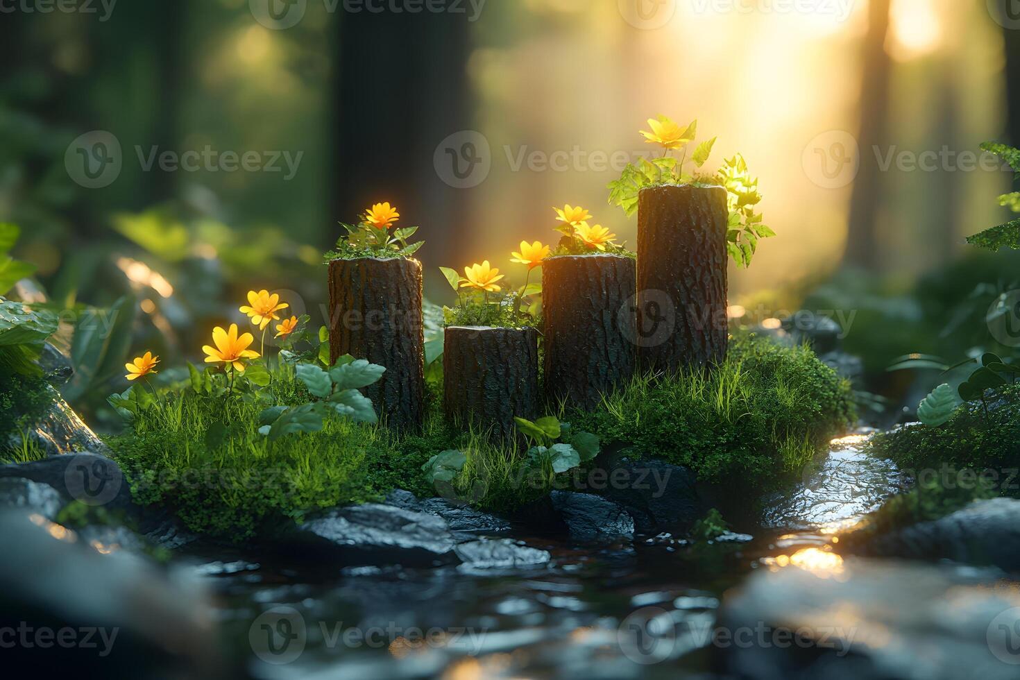 Peaceful Forest Morning Vibrant Yellow Blooms on Mossy Tree Stumps by a Stream photo