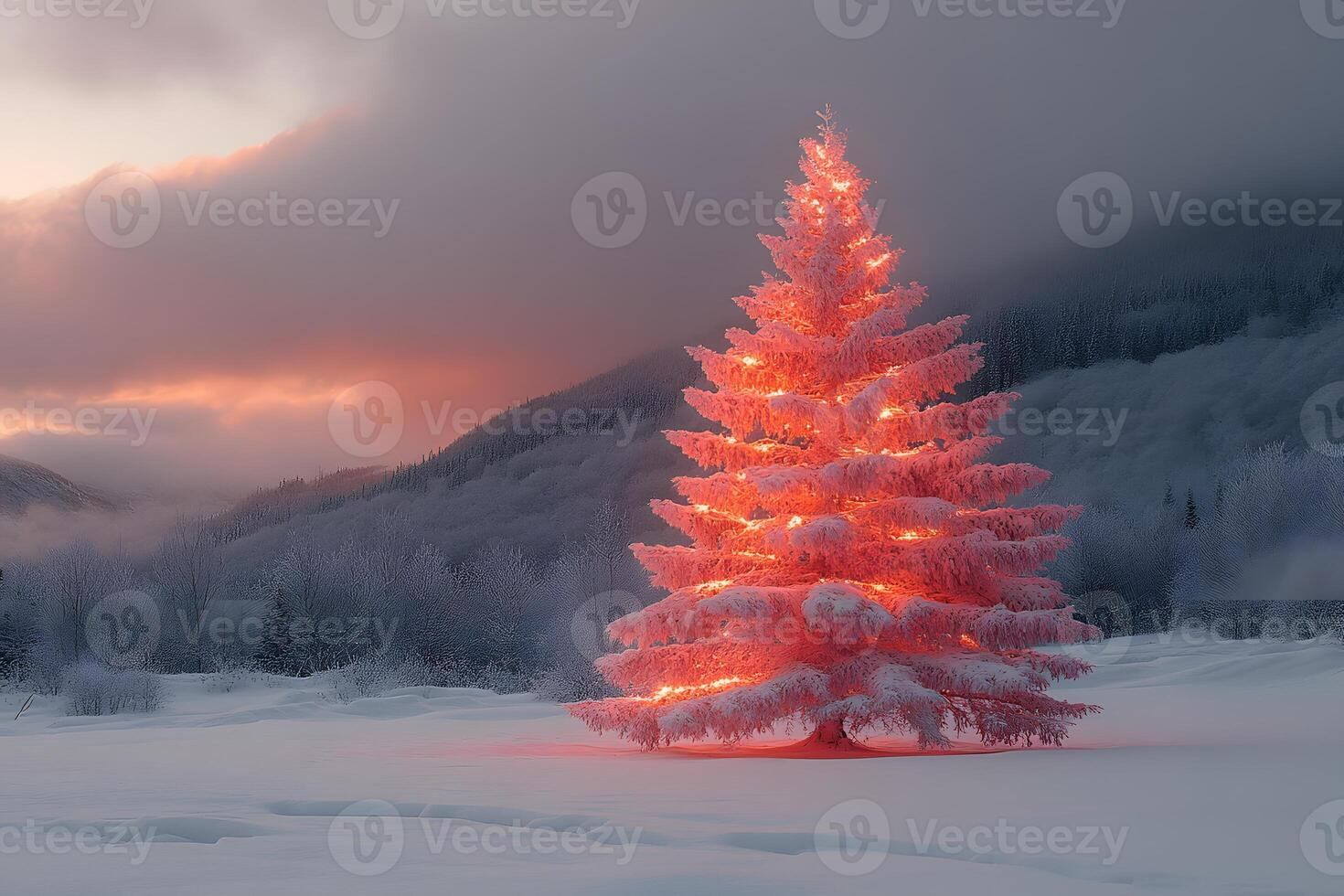 Illuminated Tree in Snowy Landscape at Dusk - Winter Holiday Scene photo
