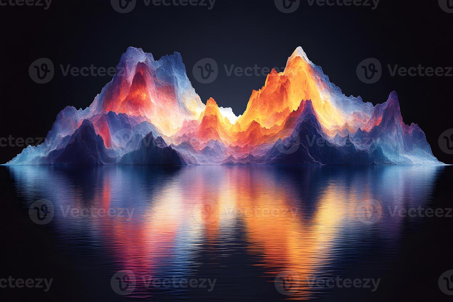 Vivid Abstract Mountain Range at Sunset Reflecting on Water Surface photo