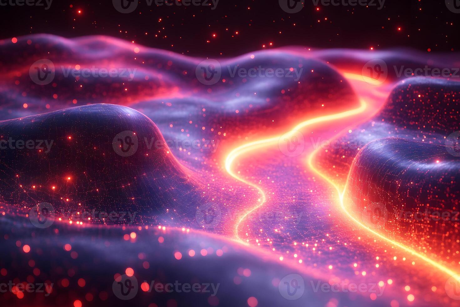 Futuristic Neon Landscape with Glowing Streams and Abstract Terrain photo