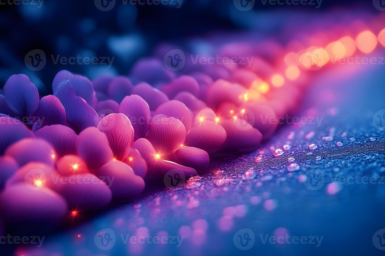 Enchanting Floral Pathway with Glowing Petals and Dewdrops in Dreamy Light photo