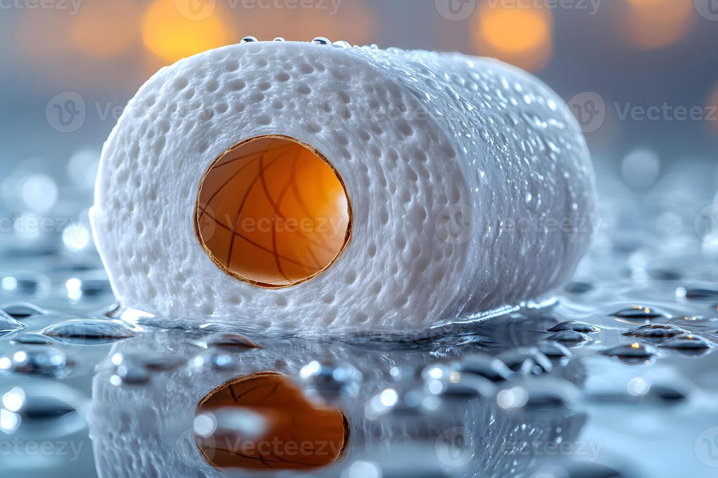 Wet Toilet Paper Roll Concept with Water Drops and Reflections for Hygiene and Freshness Themes photo