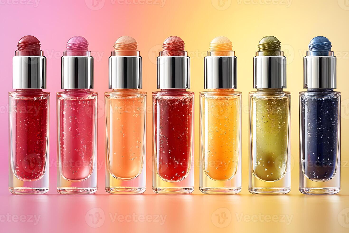 Vibrant Lip Gloss Collection on Gradient Background for Beauty and Fashion Marketing photo