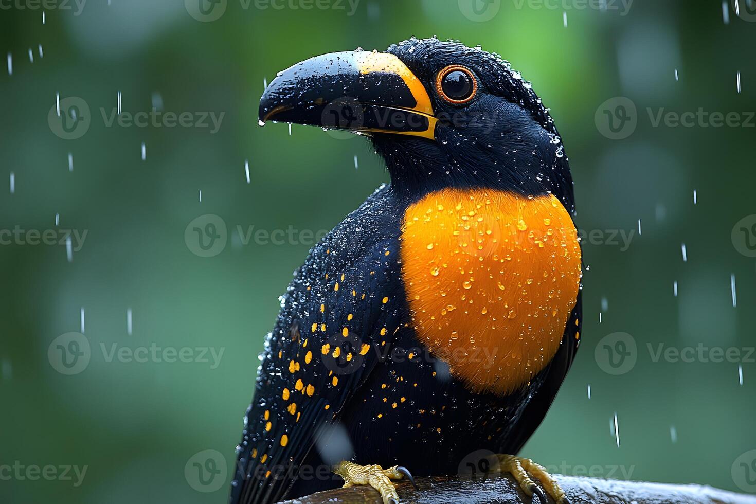 Vibrant Rain-Soaked Toucan Perched Amidst Lush Greenery - Wildlife Photography photo
