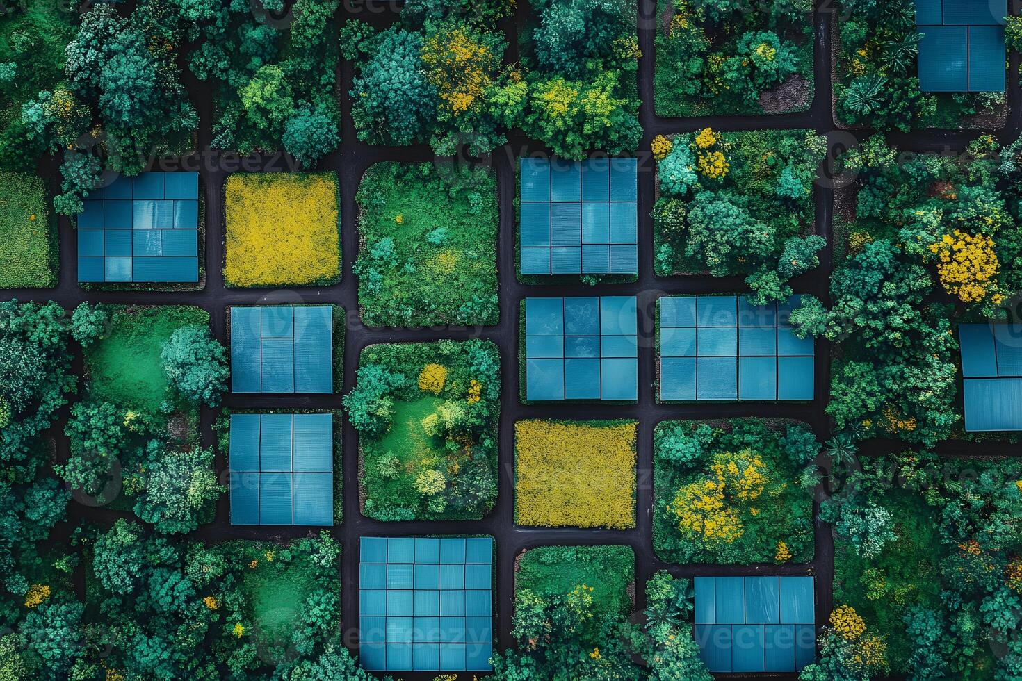 Aerial View of Geometric Greenhouse Gardens in Lush Forest Setting photo