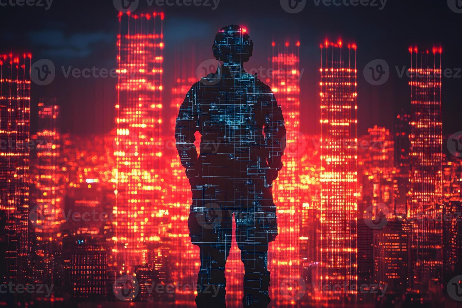 Futuristic Soldier Standing Against Glowing Digital Cityscape for Cybersecurity Concepts photo