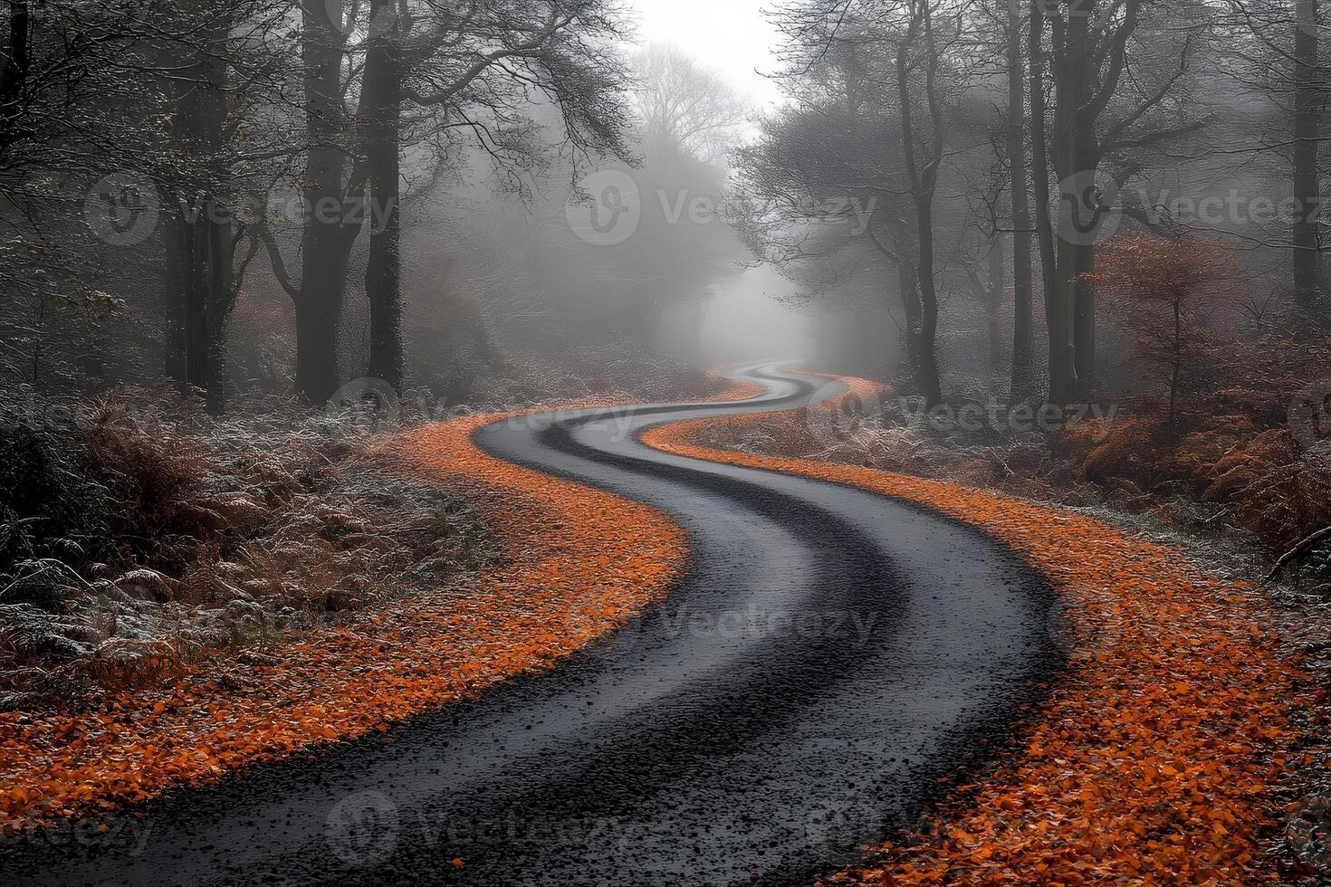 Misty Autumn Forest Pathway with Winding Road and Fallen Leaves photo