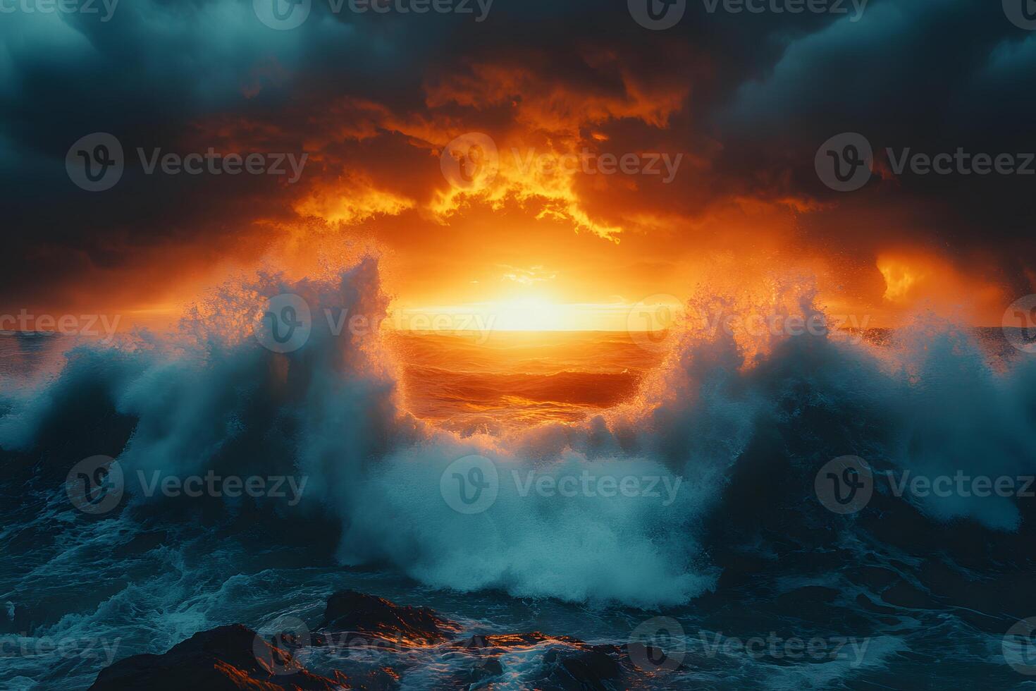 Dramatic Ocean Waves at Sunset - Nature's Fiery Display for Posters and Backgrounds photo
