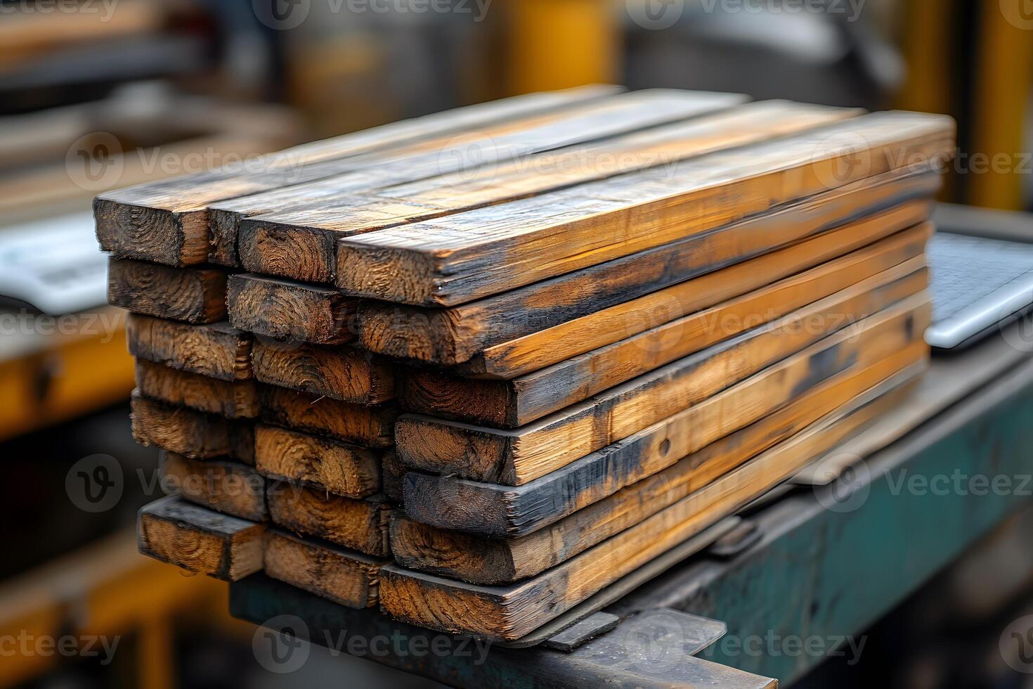 Stack of Weathered Wooden Planks on Industrial Workbench for Carpentry Projects photo