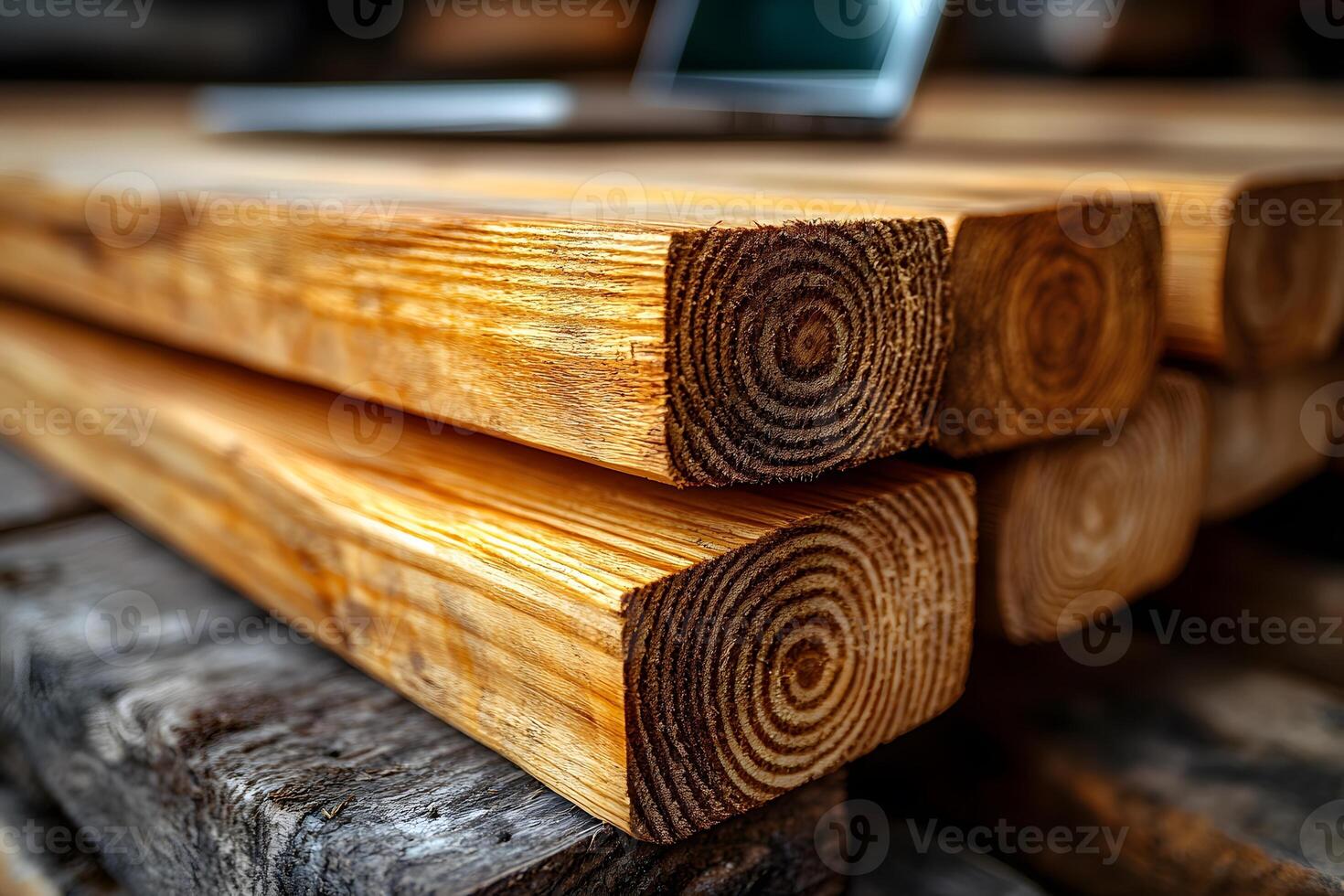 Stacked Wooden Beams with Laptop in Background for Construction or Carpentry Design photo